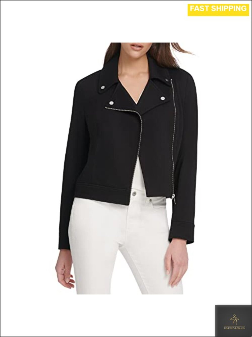 DKNY Women's Everyday Moto Jacket Black Long Sleeve Notch Collar Regular Fit